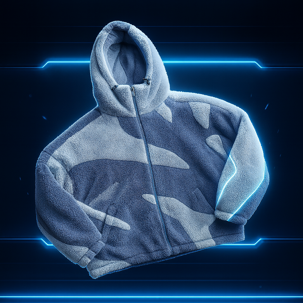 Hoodie with camouflage pattern on a dark background with blue neon lines