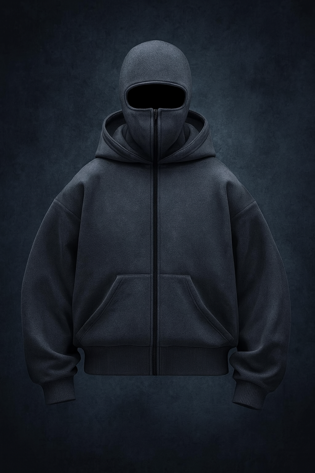 Dark gray hoodie with a face mask on a dark background