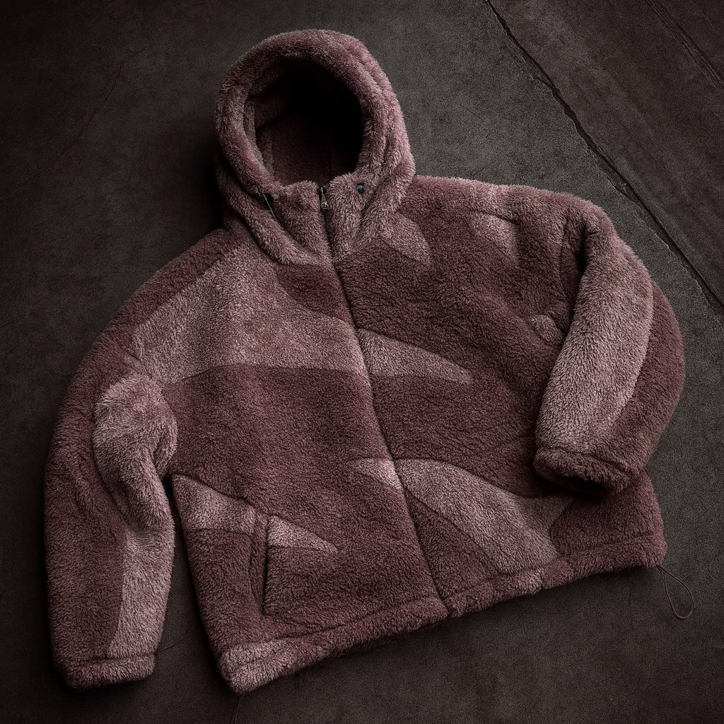 pink fleece jacket on a dark textured surface