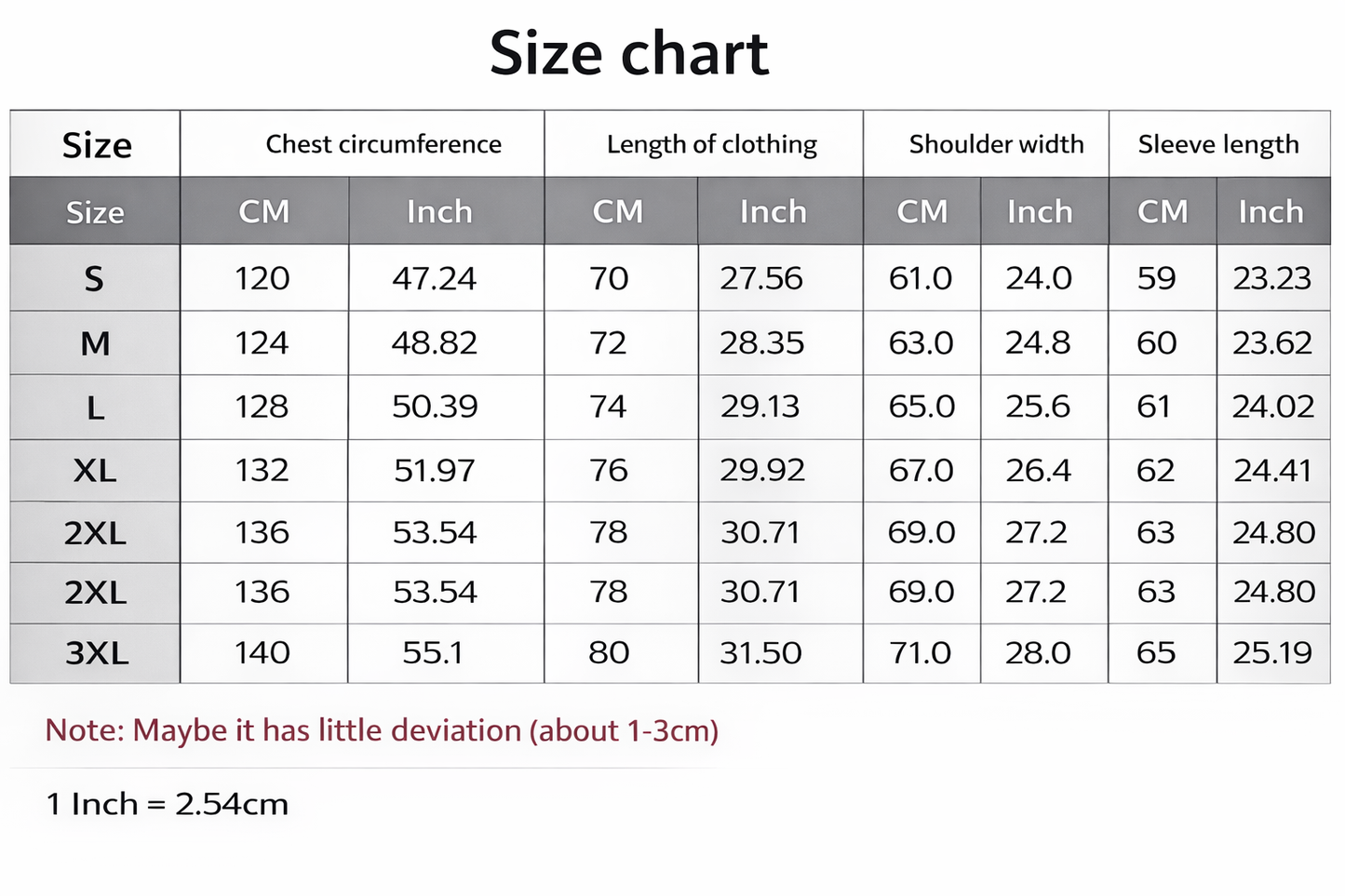 Size chart for clothing with measurements in centimeters and inches.