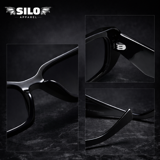 Black sunglasses with close-up details on a dark background, featuring the SILO Apparel logo.