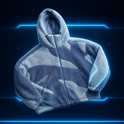 Hoodie with camouflage pattern on a dark background with blue neon lines