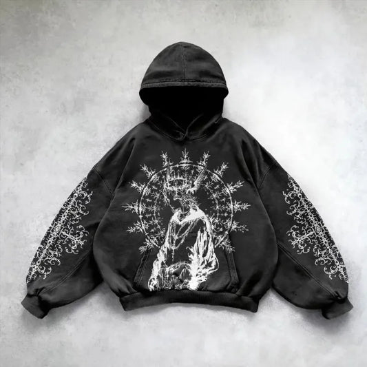 Black hoodie with white graphic design on a gray background