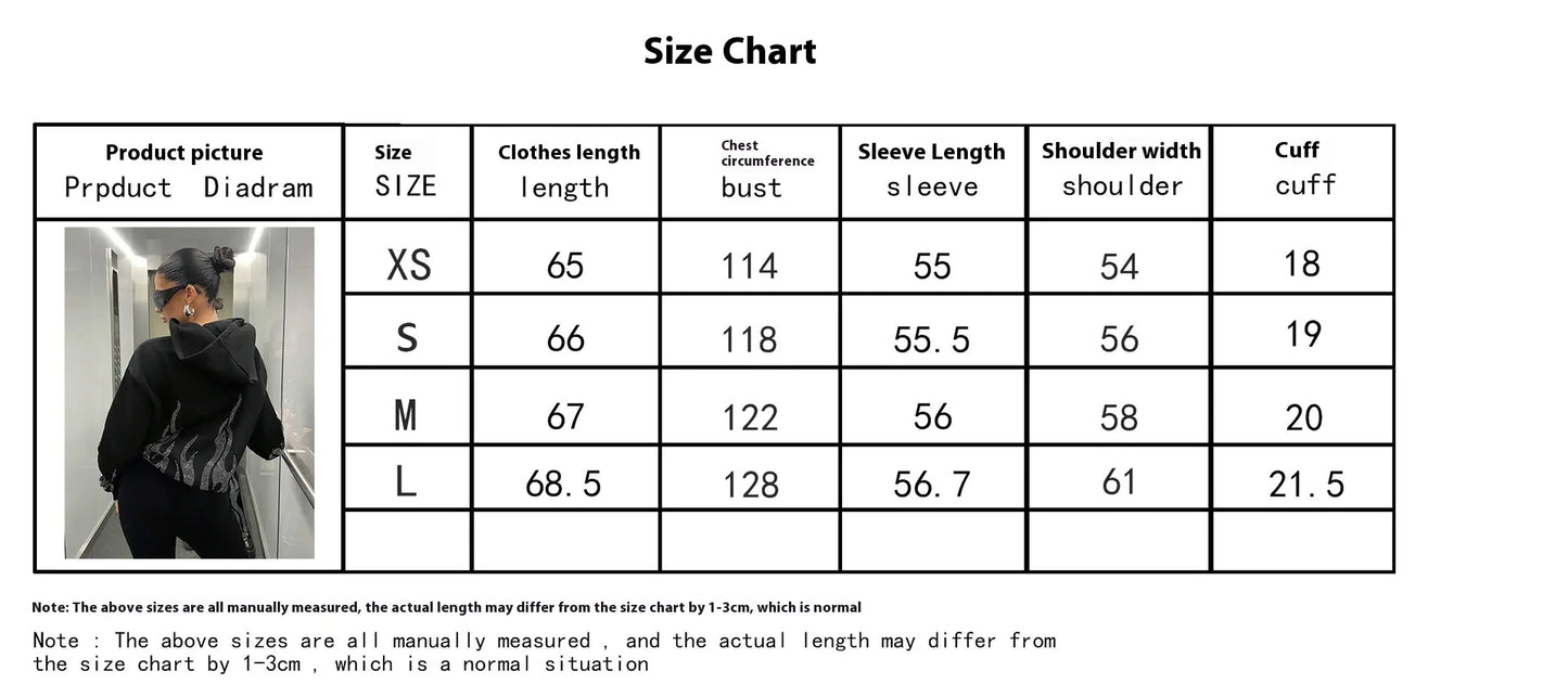 Size chart for clothing measurements with a person wearing a black jacket.