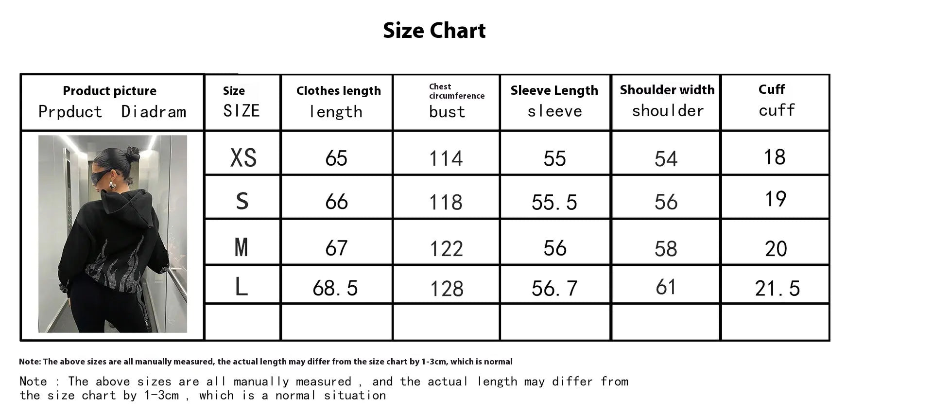 Size chart for clothing measurements with a person wearing a black jacket.