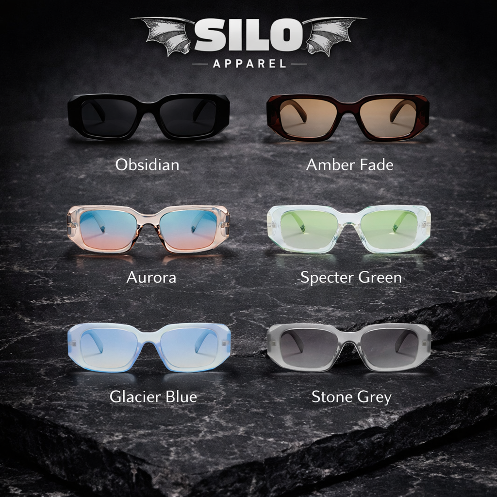 Silo Apparel sunglasses with various colors on a dark background
