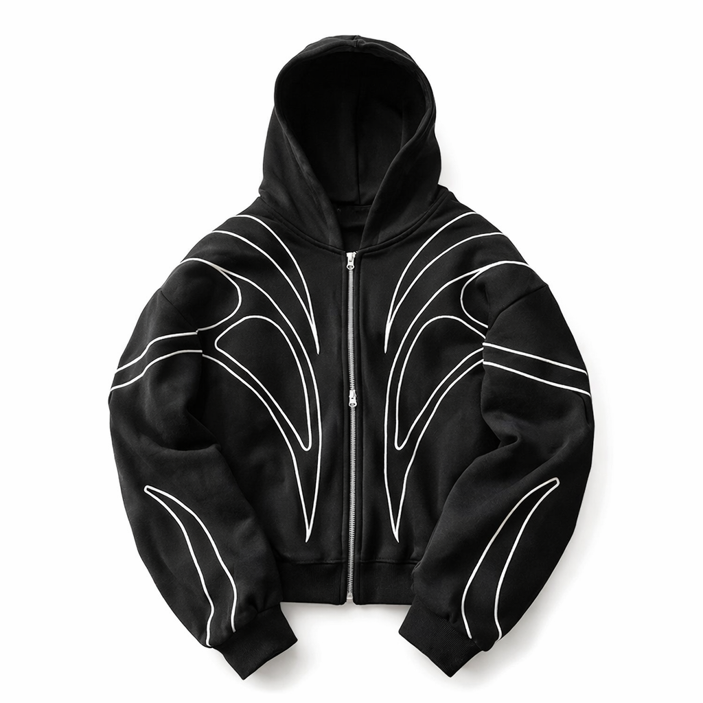 Black hoodie with white geometric designs on a white background
