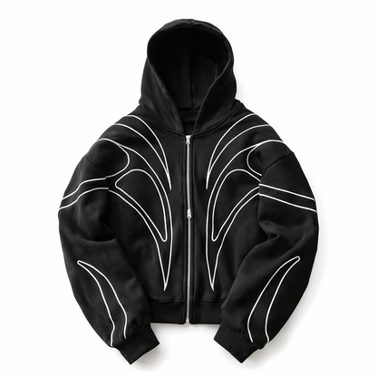 Black hoodie with white geometric designs on a white background