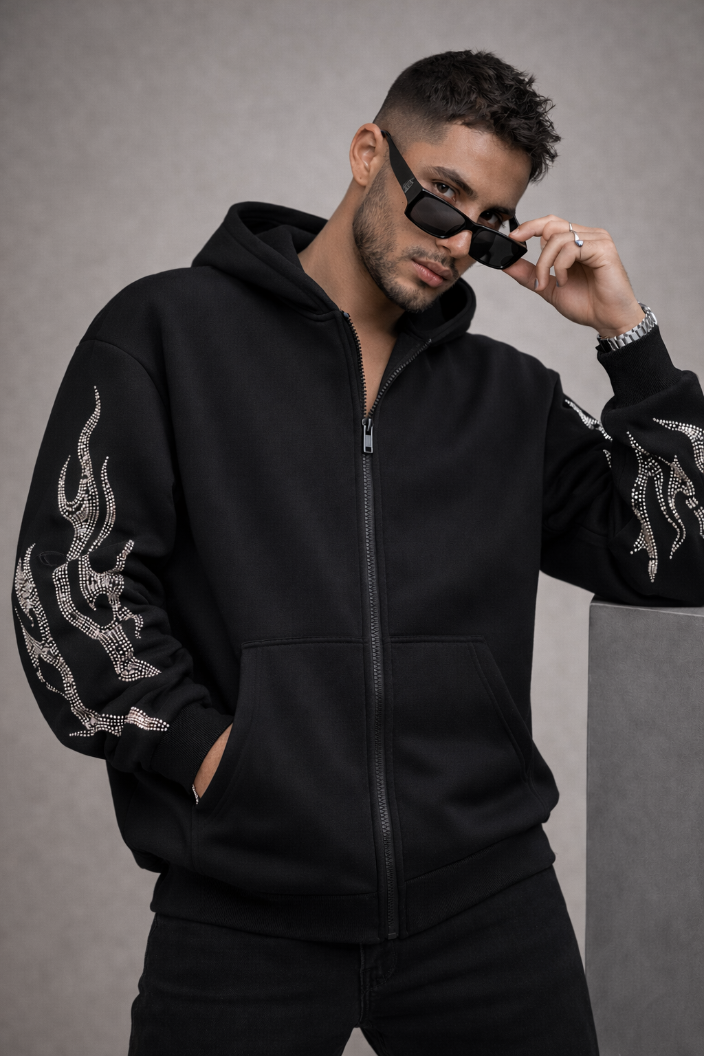 Rhinestone Flame - Premium Zip-Up Hoodie