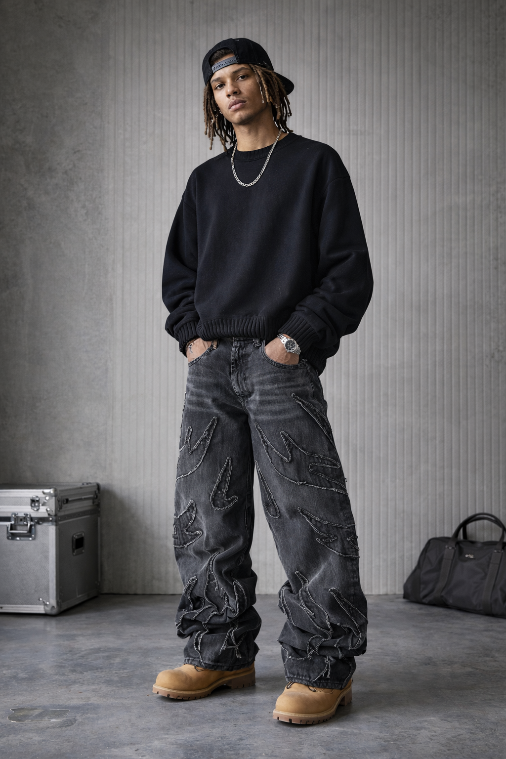 Man wearing a black sweater, gray cargo pants, and tan boots standing against a gray wall.