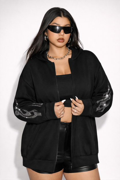 Rhinestone Flame - Premium Zip-Up Hoodie